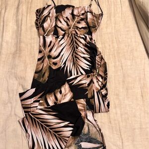 Windsor Leaf Print Strapless Top in Black and Tan